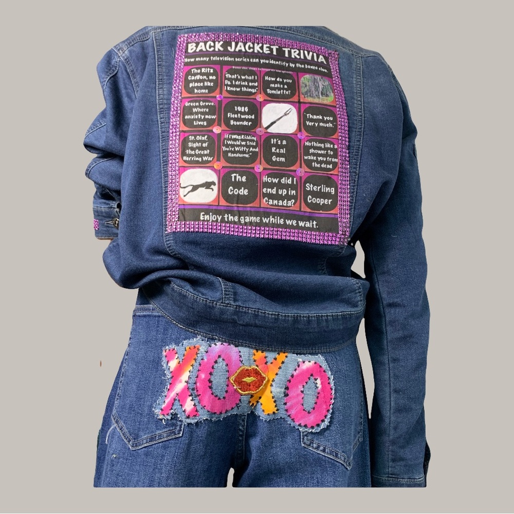 Colorful Upcycled Patchwork and Embellished Women's Denim Jean - Picture 12 of 13